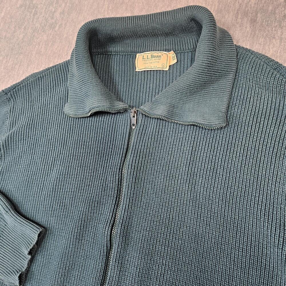 Vintage LL Bean Sweater Mens LT Green Full Zip Talon Zip Fine Cotton Made In USA